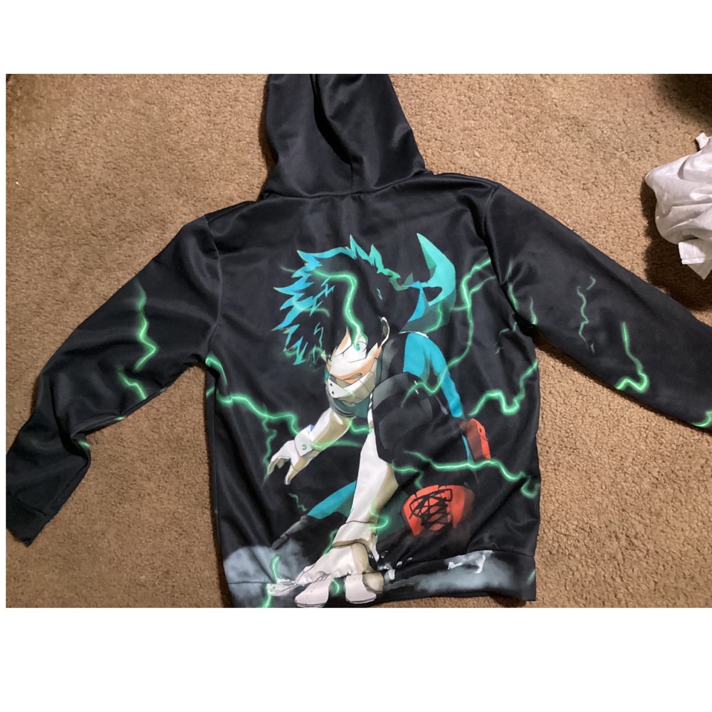 My Hero Academia Deku Izuku Midoriya Graphic Hoodie Black Green Anime Small